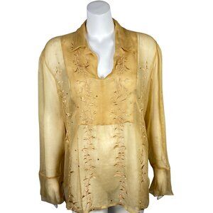 Vintage 100% Silk Sheer Embroidered Blouse Womens Size 1X Long Sleeve Popover